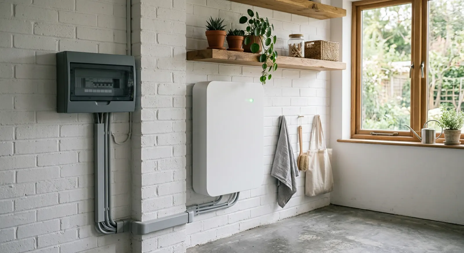 Home battery mounted on a painted brick wall in the utility room of a Scottish home without solar panels