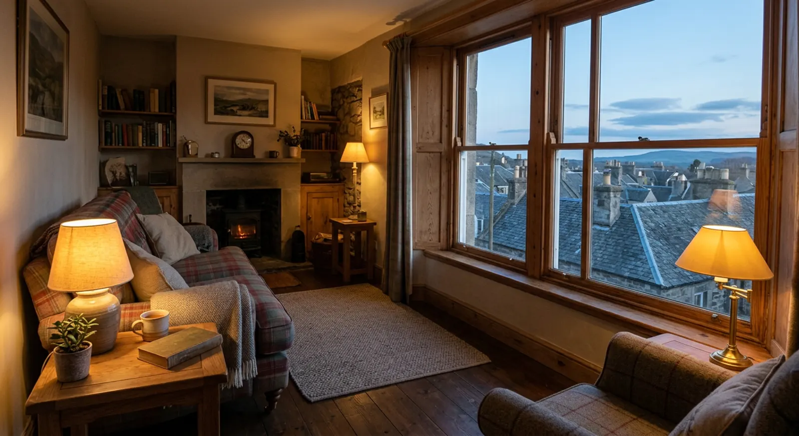 Scottish home at dusk running on stored battery power over grey slate rooftops