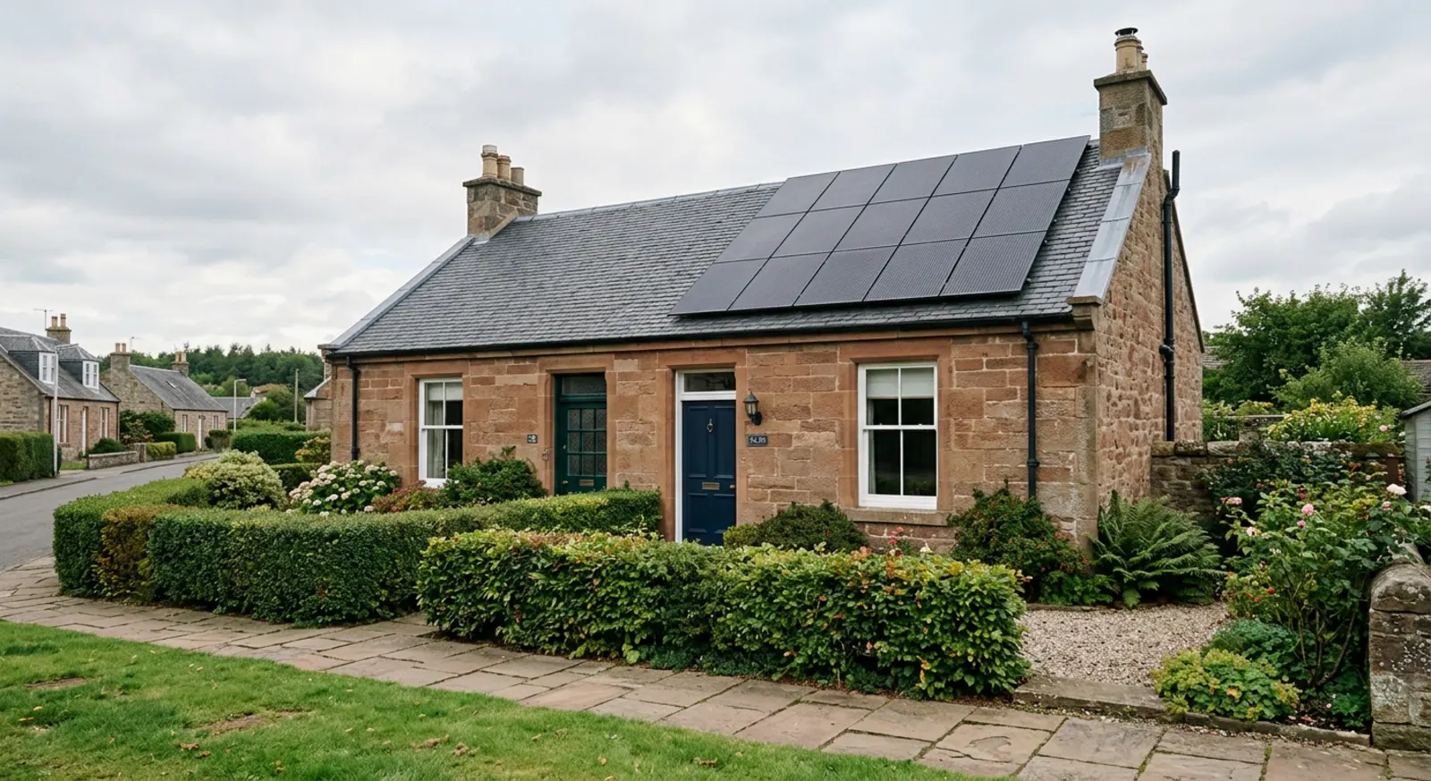 Sandstone Scottish cottage with black solar panels on a grey slate roof